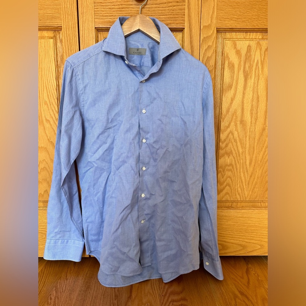 Men’s blue dot Canali button down shirt with white buttons. Lightly worn.